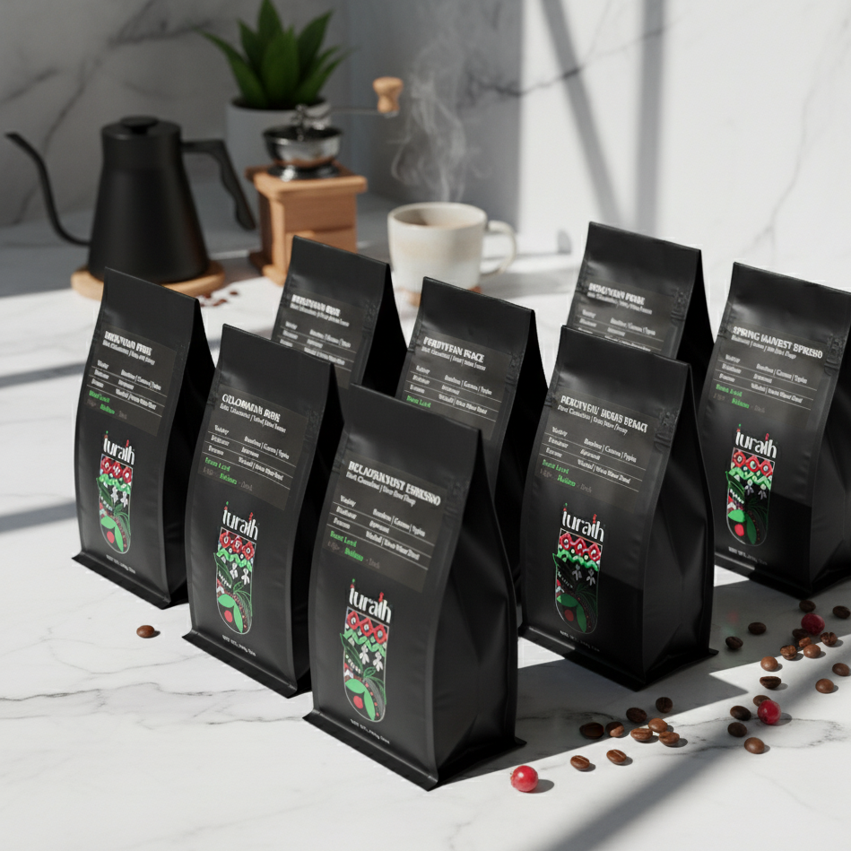 Turtah coffee bags on a marble surface with coffee beans scattered around