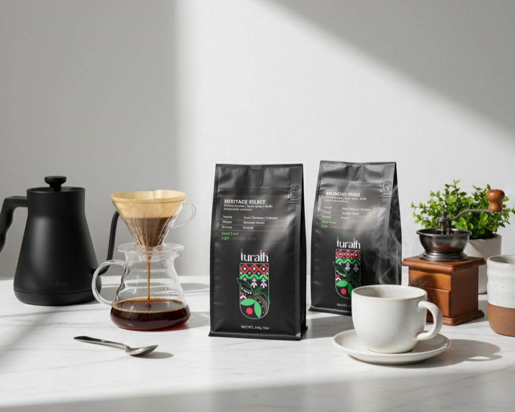 Turath coffee bags with a cup, coffee maker, and plants on a light surface.