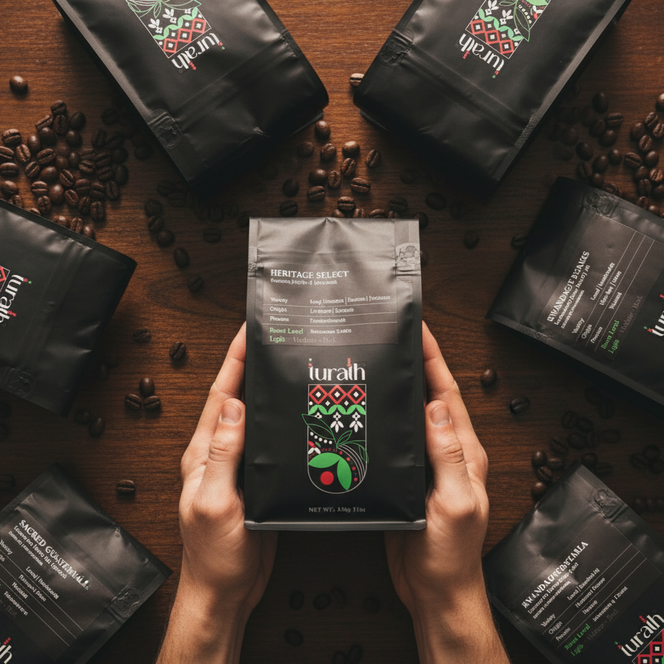 Person holding a turath coffee bag surrounded by coffee beans and other coffee bags on a wooden surface