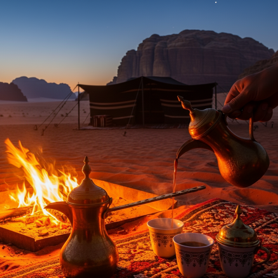 Person pouring tea from a traditional teapot into cups by a campfire in the desert at sunset.