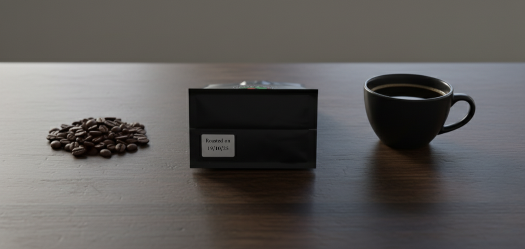 A horizontal photo showing a coffee freshness timeline. On the left are roasted coffee beans, in the center is a black Tur-ath coffee bag lying down to show the roast date on the bottom, and on the right is a brewed cup of coffee.