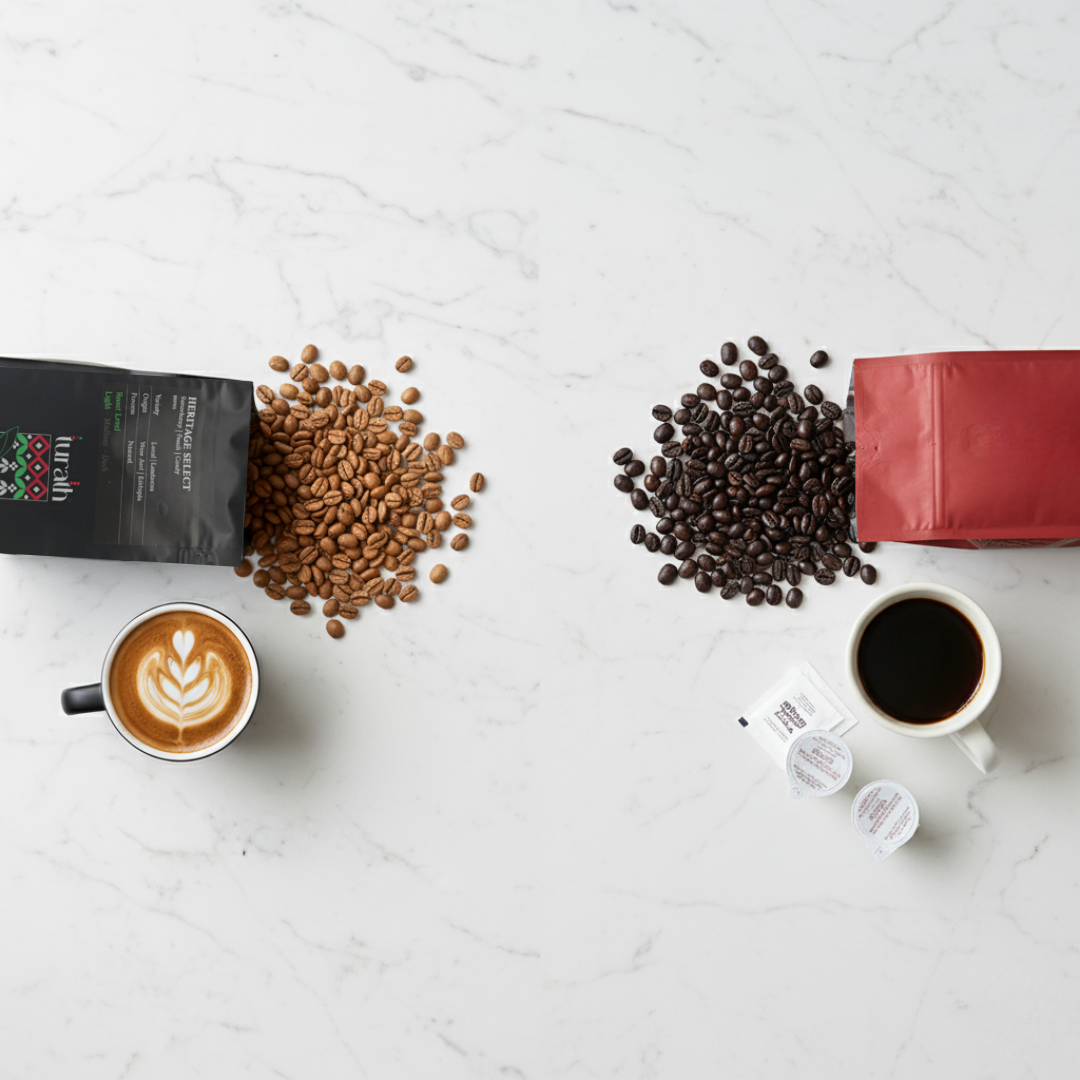 Turath Coffee bag vs a store bought coffee bag with cups of coffee and beans scattered from the bags 