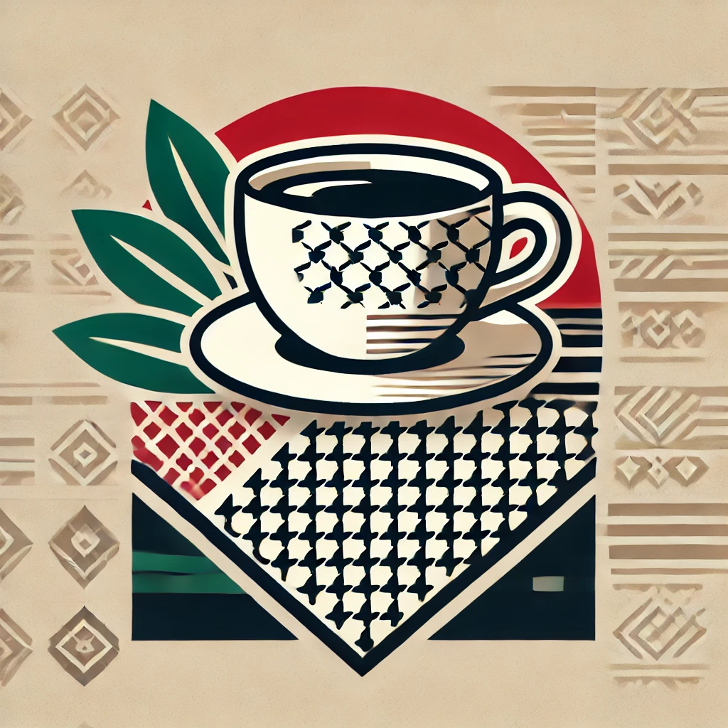 Decorative illustration of a coffee cup with a leaf on a geometric patterned background