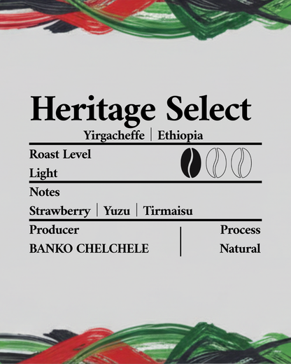 Coffee label for Heritage Select coffee from Yirgacheffe, Ethiopia with roast level, notes, and producer information.