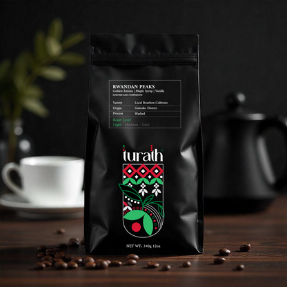 Rwandan Peaks light roast Arabica with golden raisin, maple, and vanilla flavors