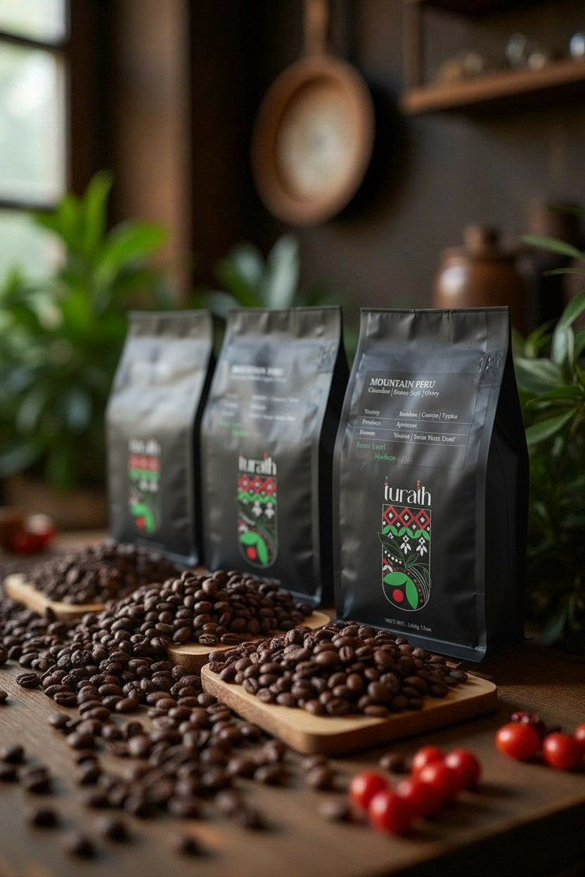 Three coffee bags on a wooden surface with scattered coffee beans and tomatoes.